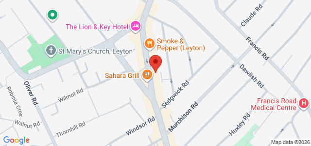 Map showing Pizza & BBQ Leyton in London